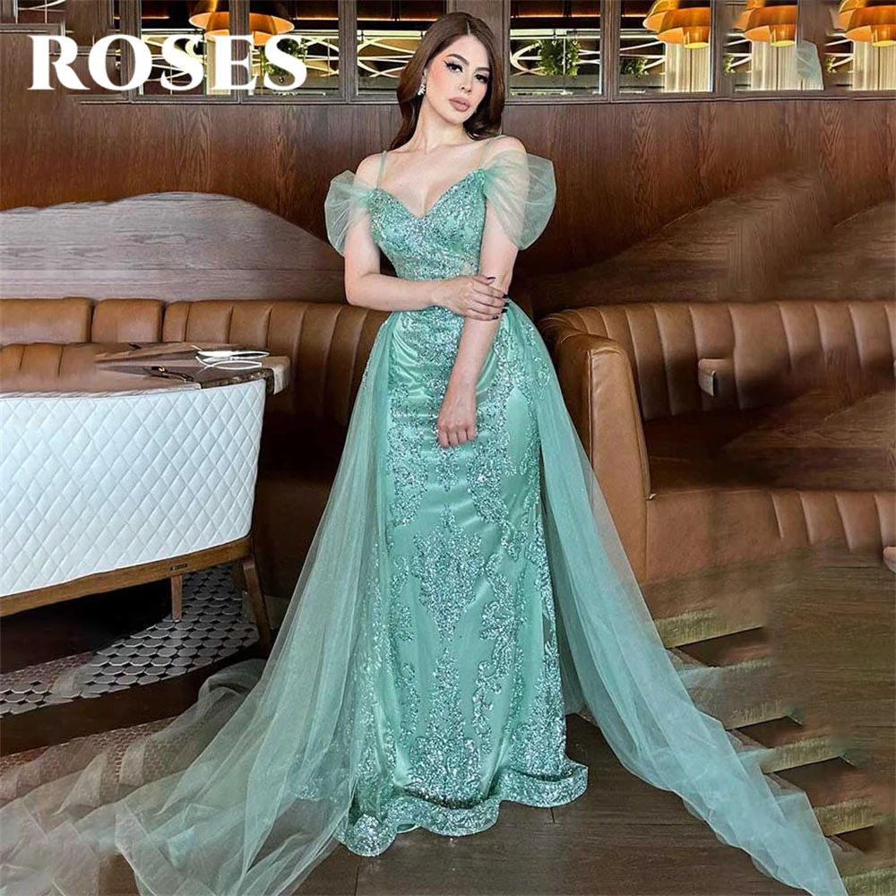 

ROSES Green Party Dress V-Neck A-Line Evening Dresses with Sheer Corset Robe De Soirée Layered Off The Shoulder Prom Dress