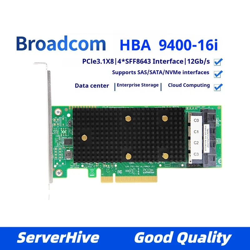 브로드컴 LSI 9400-16i HBA 카드 SAS3416 칩 12Gb/s 16포트 SAS SATA NVMe 패스스루 어댑터 05-50001-00