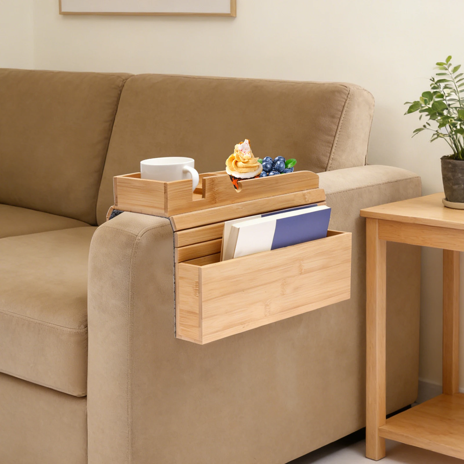 Bamboo Couch Cup Holder Anti-Slip Sofa Armrest Tray Foldable Couch Arm Table for Drink Snack Cellphone TV Remote Control