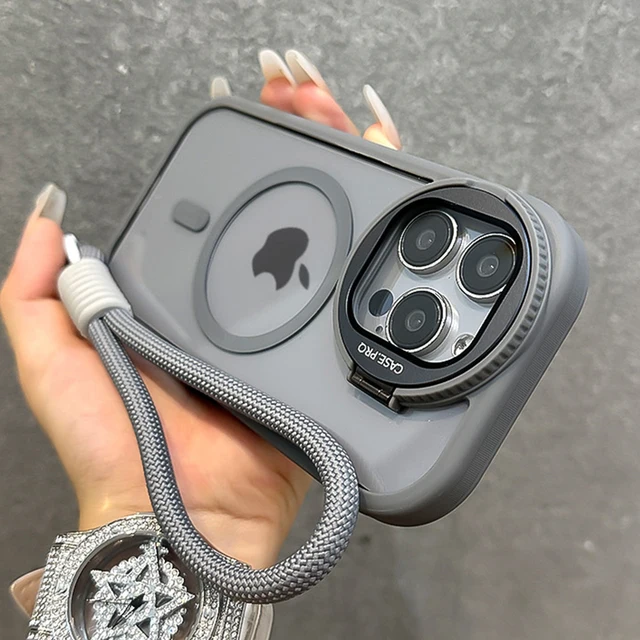 Etui magnetyczne z przezroczystym szklanym obiektywem i paskiem na nadgarstek, odporne na wstrząsy, kompatybilne z Magsafe, do iPhone 17 16 15 14 13 12 11 Pro Max