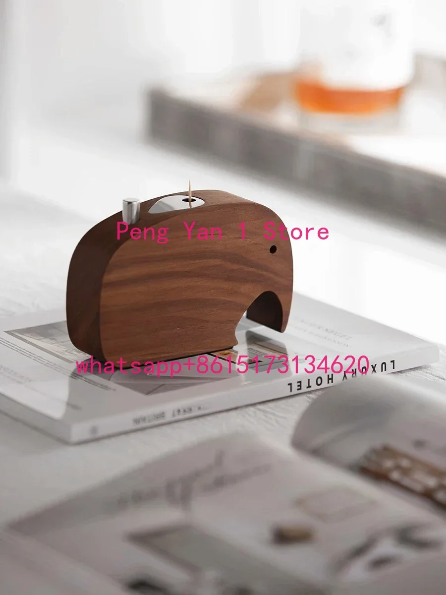 Creative Toothpick Holder Walnut Wood Toothpicks Box Push-type Cute Elephant Shape for Table Decorative Accessories