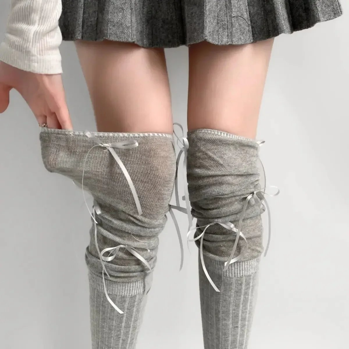 Lolita Long Socks Women Bandage Ribbon Bow Sweet Girls Kawaii Sexy Middle Tube Socks Ballet Style Solid Color Black White Socks image 6