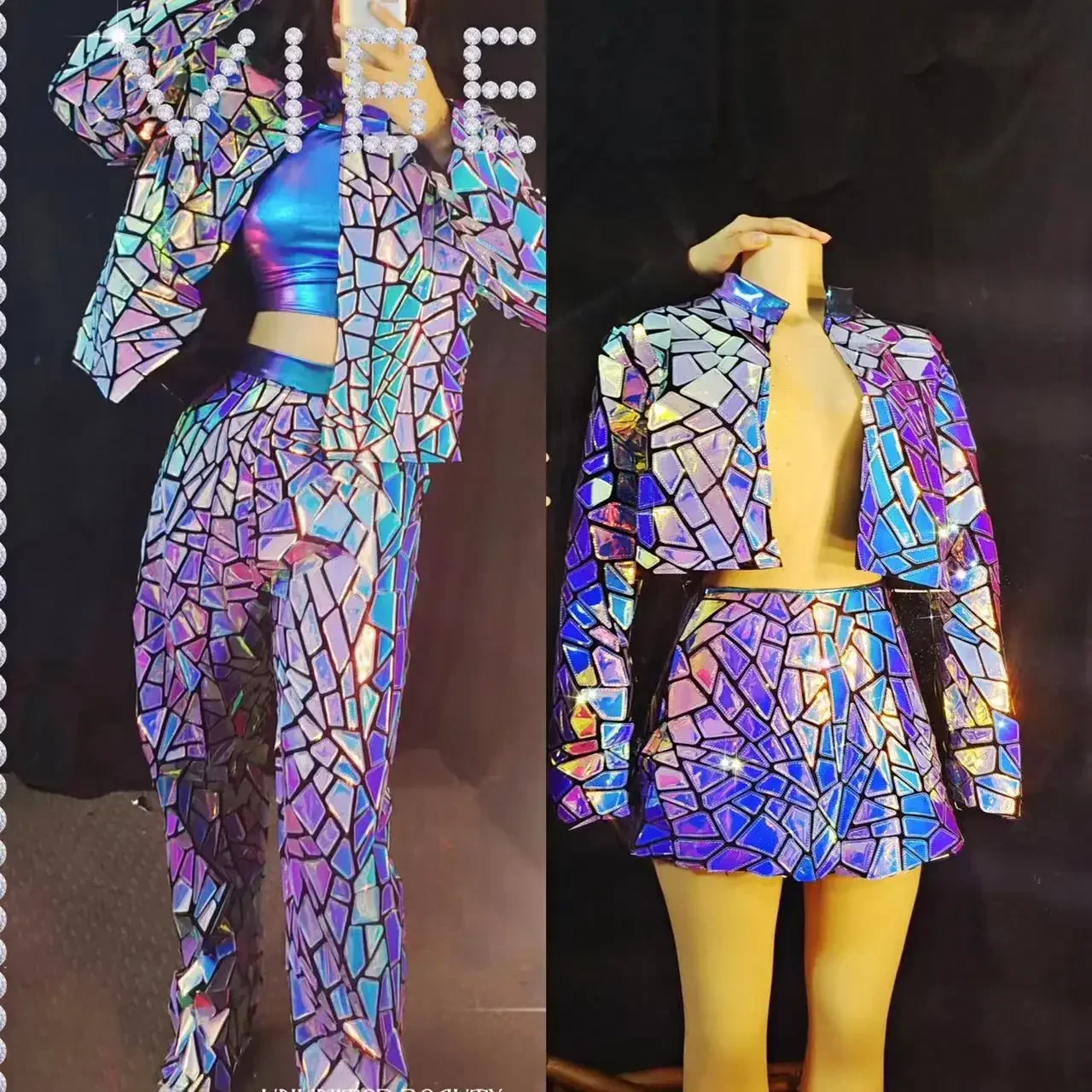 Women Long Sleeve Purple Blue Mirror Nightclub Singer Jazz Dance Costume Laser Sequin Coats Vest Pants 3pcs Stage Show Outfit