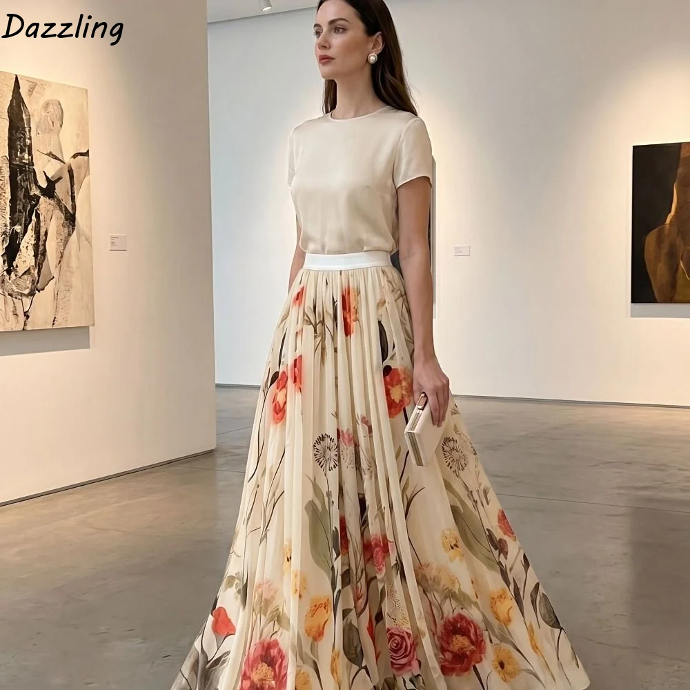 

Boho Style Elastic Waist Women Printed A-line Skirt Mesh Overlay Flower Embroidery Long Skirt Pleated High Waist Skirts Beach