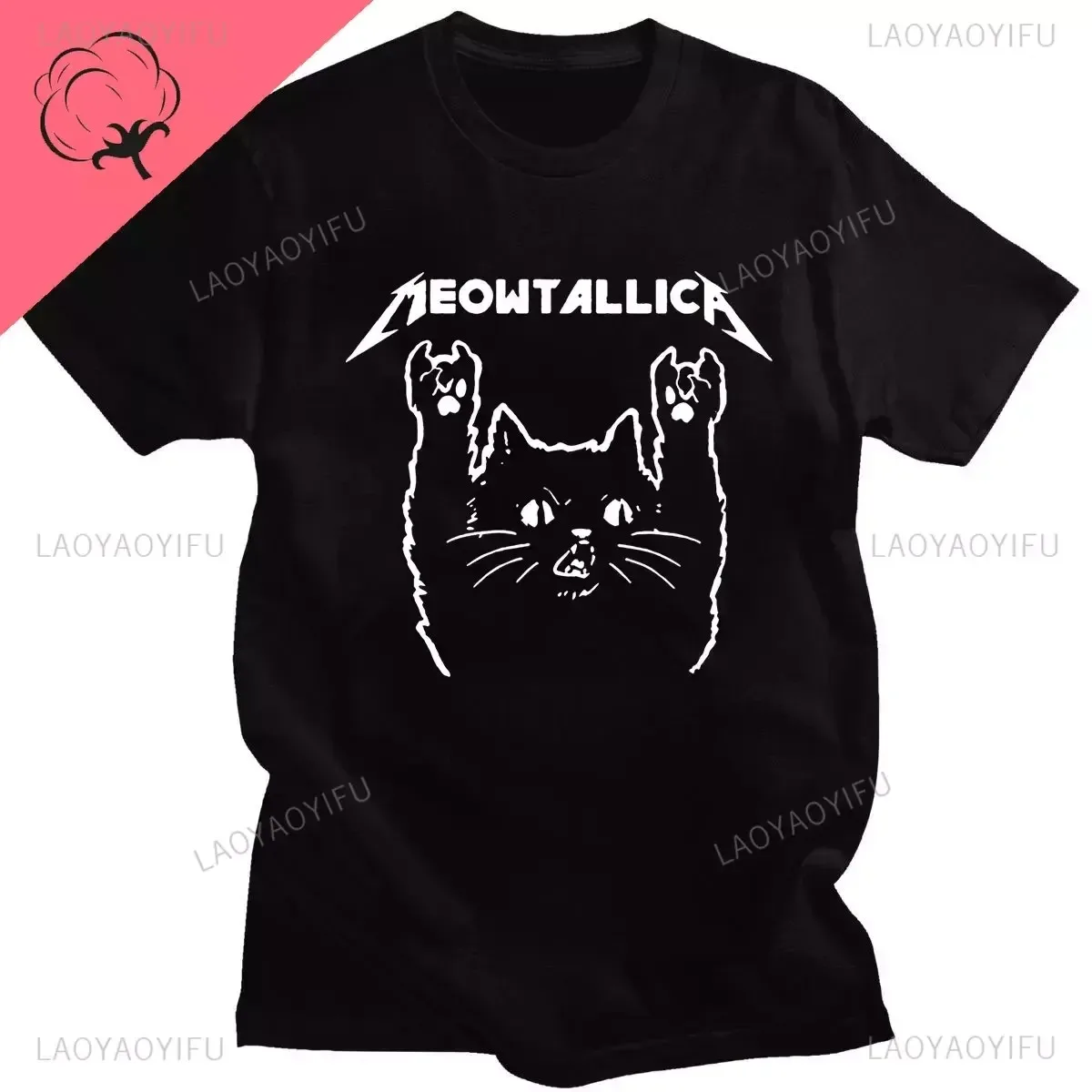 Funny Cat Meowtallica Cat Rock Music Print T-Shirts Rock Music Men Tops Fashion Oversized Tee Comfortable Unsiex Couple Wears