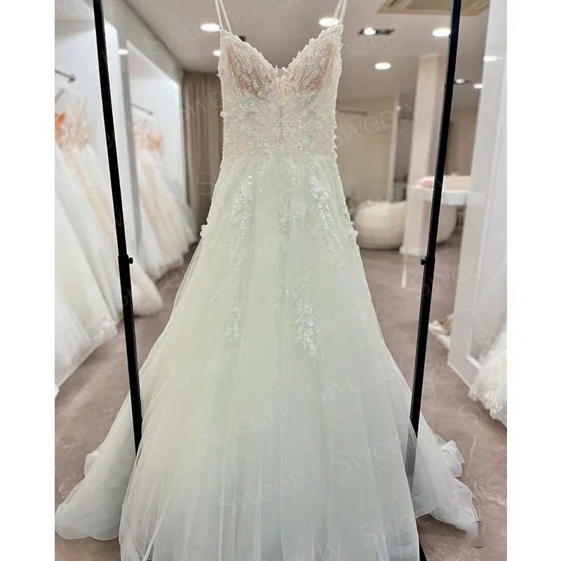 Elegant Wedding Dress Organza With Embroidery Sequins A-Line Floor Ball Gown Beach Sleeveless V-Neck Customized Robe De Mariee