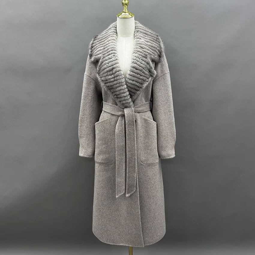 JANEFUR Luxury Women Long Wool Coat Real Mink Fur Collar Belted Winter Woolen Elegant Outerwear JFB4-26055
