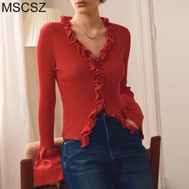 MSCSZ Lettuce Trim Knitted Cardigan For Women V-Neck Flare Sleeve Cropped Cardigan Autumn Button Up Short Jacket Outerwear