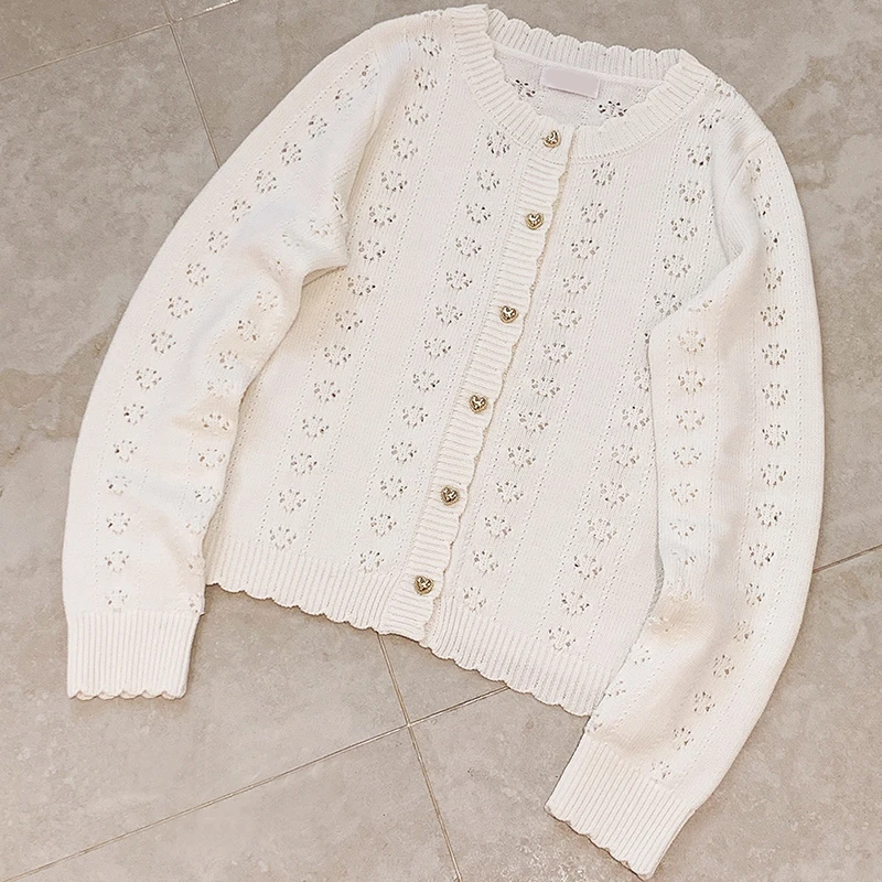 Cute Knitted Cardigans Women Autumn 2024 Hollow Out Love Shape Button Long Sleeve Loose Sweaters for Sweet Girls Kawaii Clothes