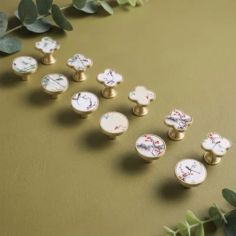 2/4/6pcs Golden Edge Haitang Flower Handle Vintage Home Ornament Handgrip Furniture Drawer Cabinet Wardrobes Decoration Doorknob
