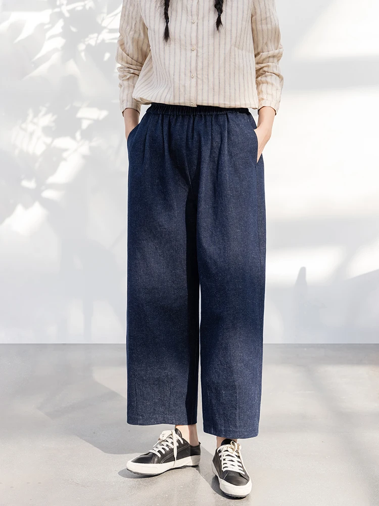 

New Le Collection Casual Cotton Haax Blend Denim Blue Plaid Spring Elastic Waist Loose Leggings Ladies Pants