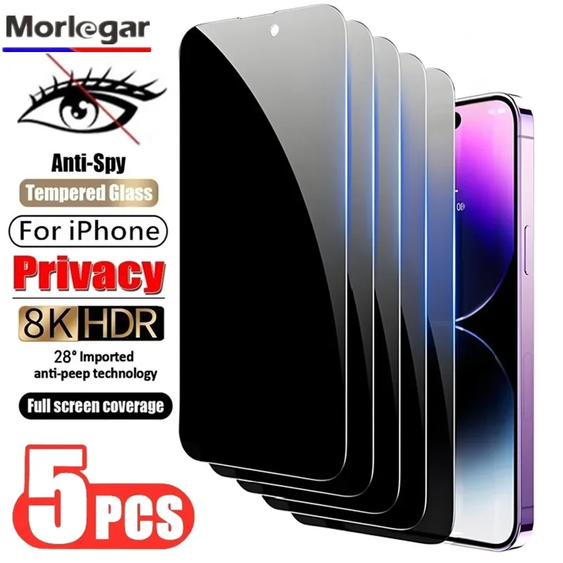 5Pcs Anti-Spy Screen Protector For iPhone 16 15 14 13 12 11 PRO MAX Privacy Glass For iPhone 7 8 X XR XS Max SE Tempered Glass