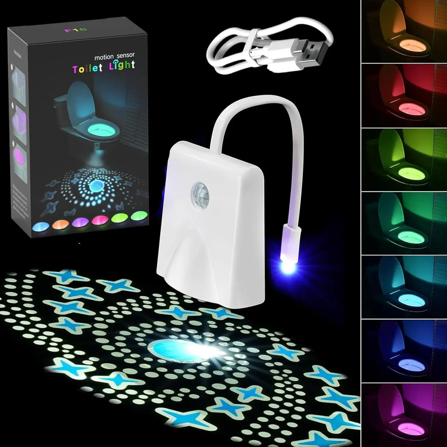 Toilet Motion Sensor Lights, USB Rechargeable LED Night Light, RGB Toilet Bowl Night Light for Bathroom Ambient Lighting