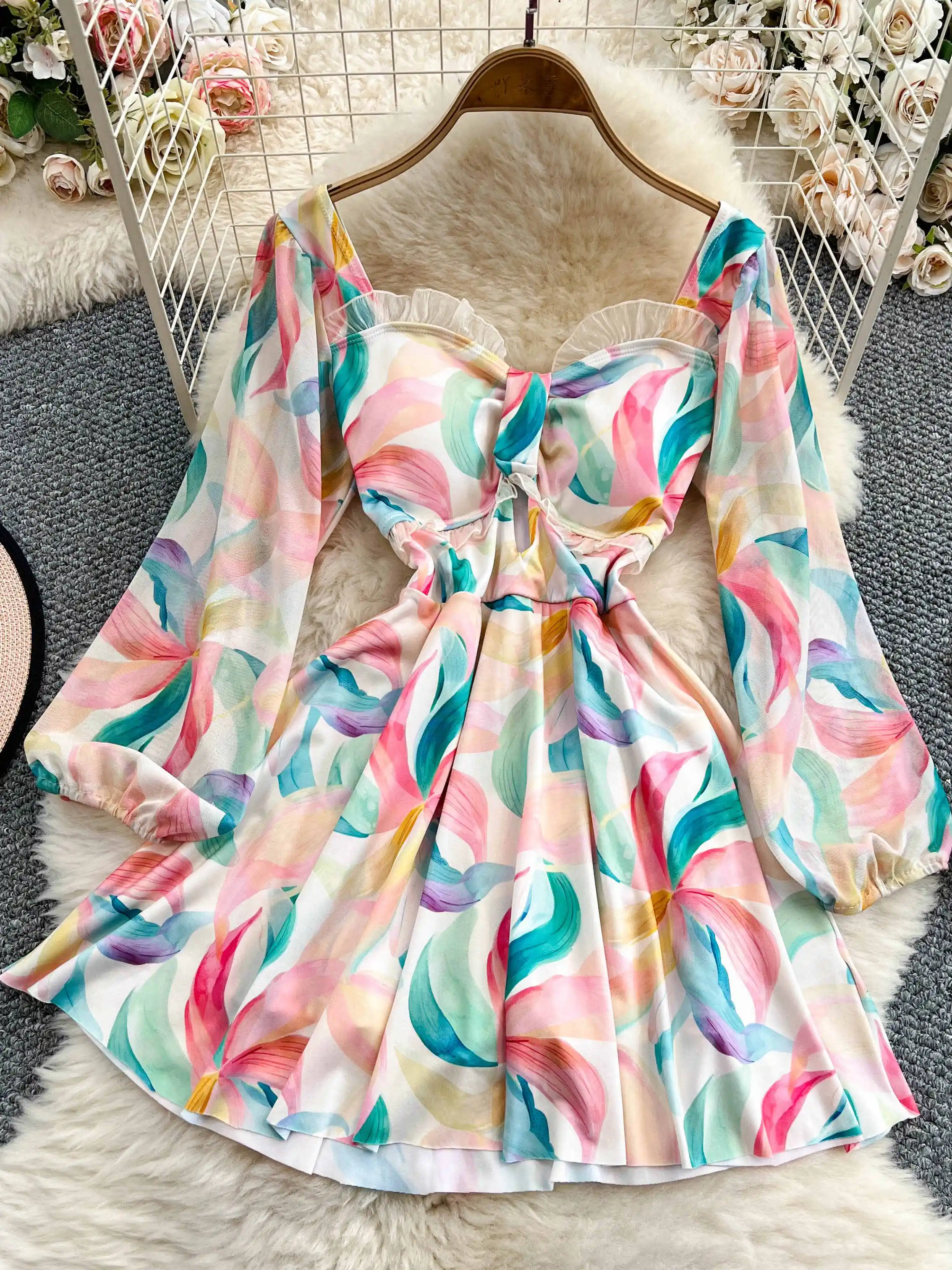 レディース ピンク 花柄 Aライン ミニドレス ヴィンテージ エレガント 長袖 スクエアカラー ワンピース Y2K ワンピース 夏服