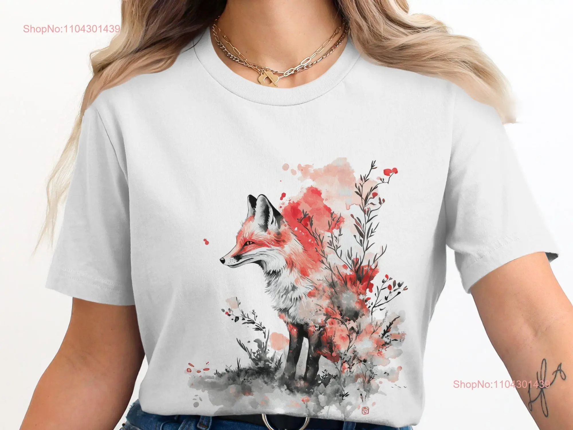 Sly Fox T Shirt red and white hiding in twigs clean Japanese Asian aesthetic long or short sleeves