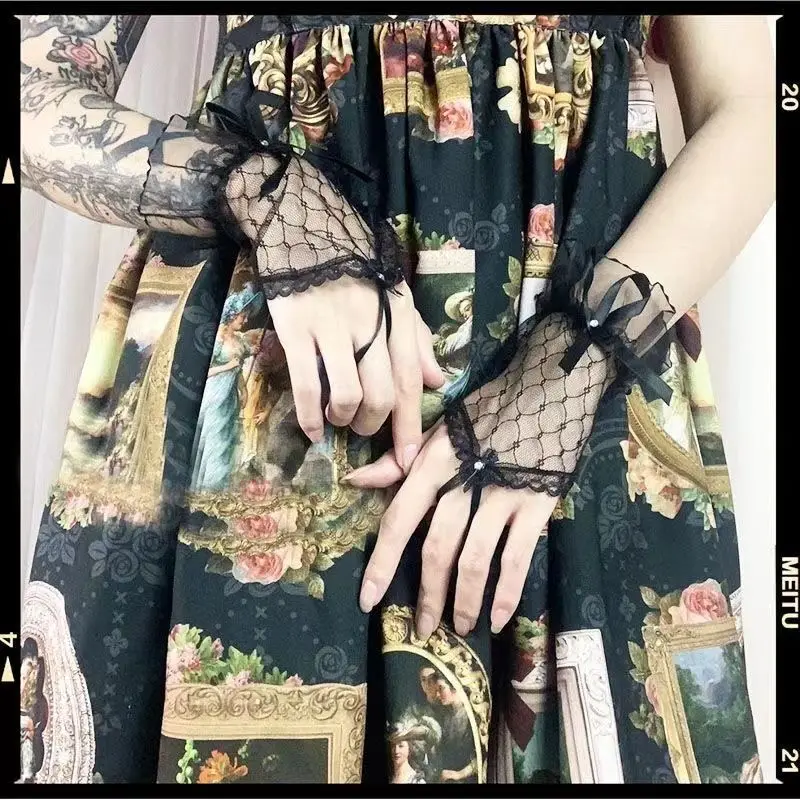 Lolita Lace Gloves Soft Girl Japanese Princess Mesh Lace Fingerless Bow Hand Sleeve Girl COS Four Seasons Universal Gloves