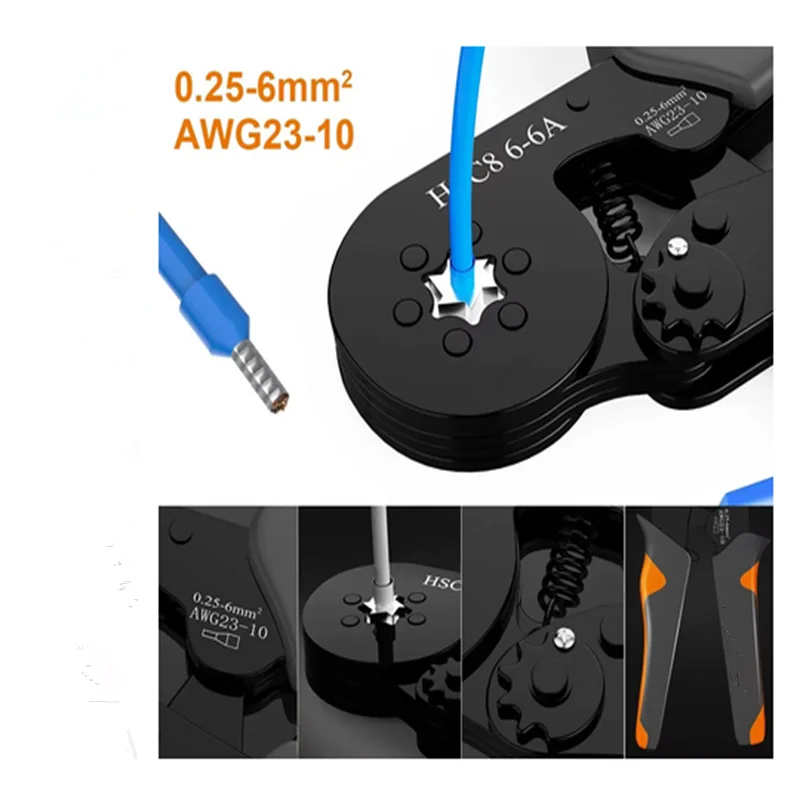 23-10AWG 0.25-6mm² 육각형 자체 조정 가능한 래칫 페룰 압착 도구 키트 400-2000pcs 와이어 터미널이 있는 크림퍼 키트
