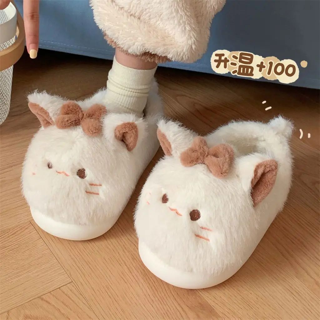 Home slippers winter for women cute kitty fluffy shoes warm slip-on fur clogs girls lovely cat slipper with bow-tie