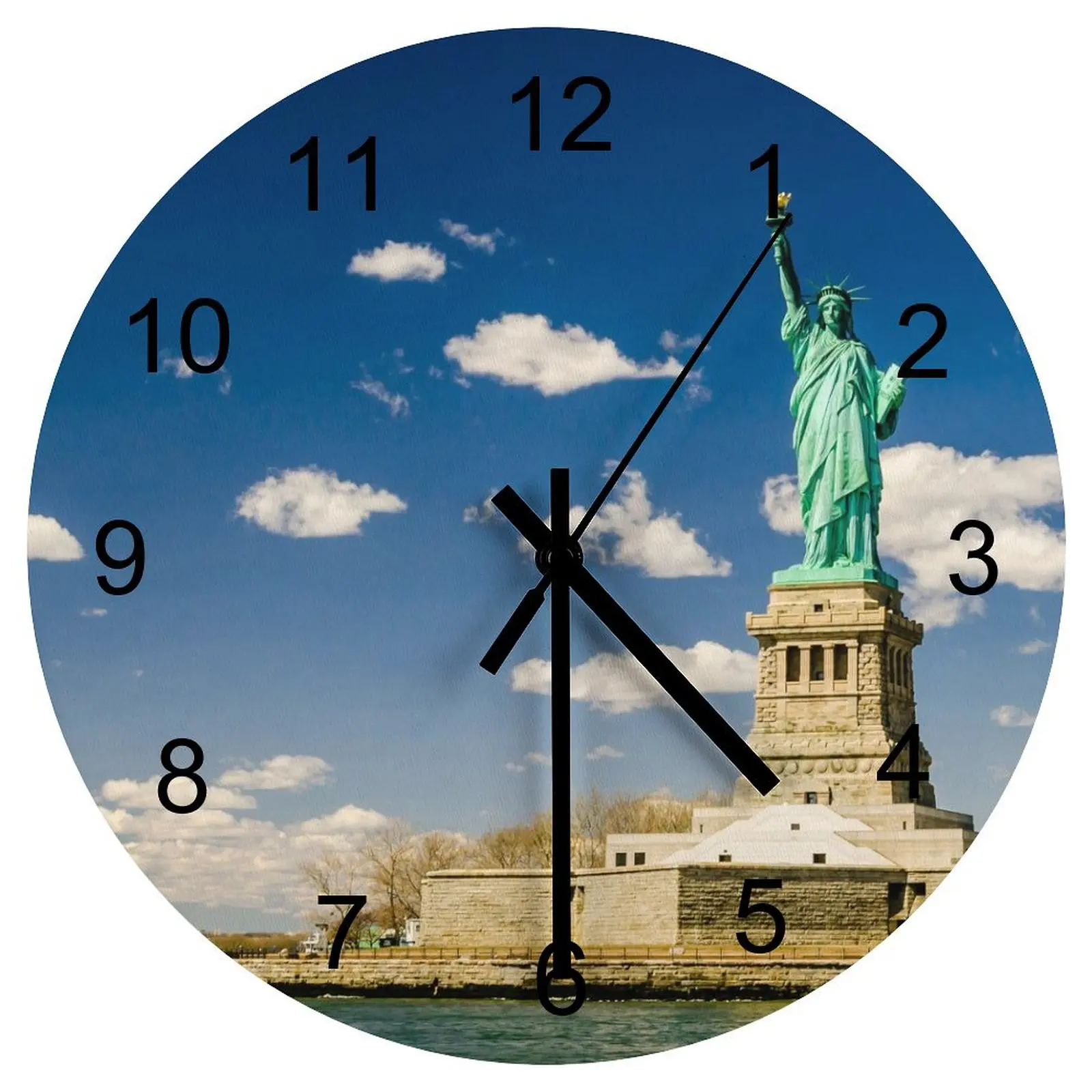 

Kitchen Wall Clock American city Statue of Liberty Clocks 12 inch Mute Wood Round 3D Display Battery Powered Sporty