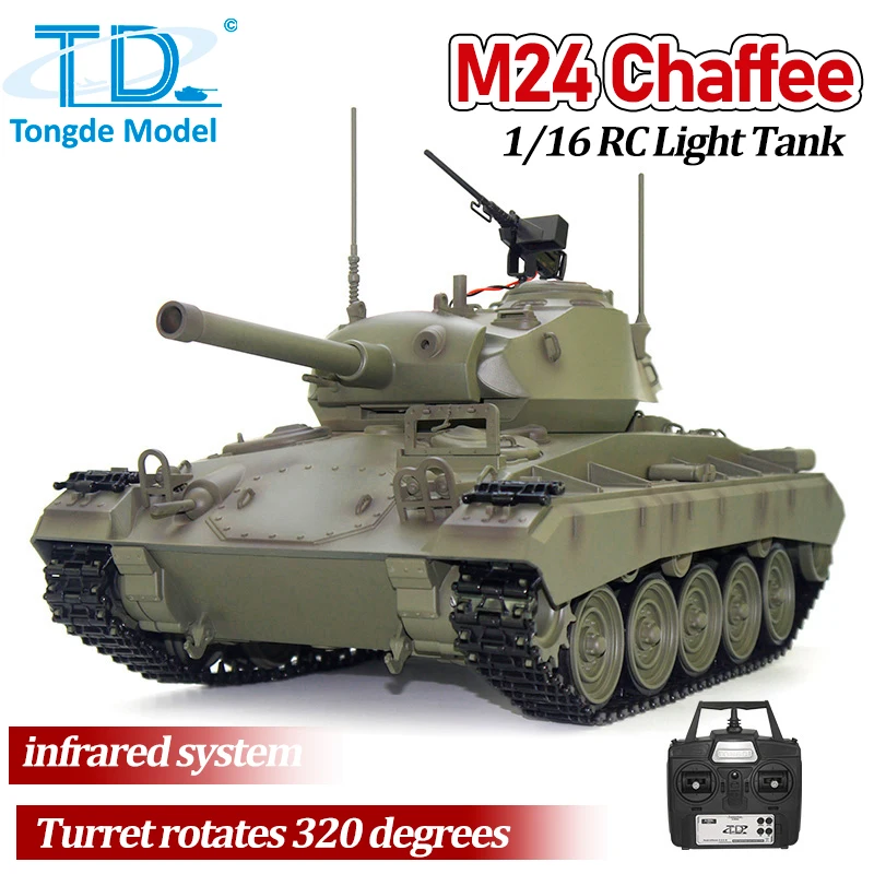 Tongde M24 Chaffee Light RC Tank 1/16 Infrared Battle Simulation Tank Smoke Turret rotates 320 degrees Remote Control Tank Model