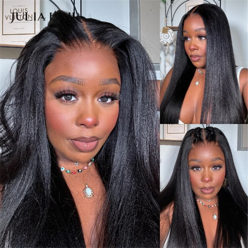 

Julia Hair 13x4 Yaki Straight Glueless Wig Human Hair Bye Bye Knots Transparent Brazilian Lace Frontal Human Hair Wig Tiny Knots