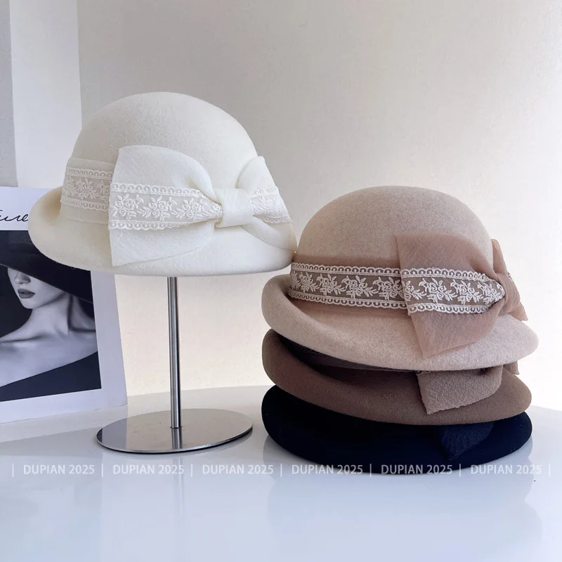French Lace Bow Beret Wool Felt Hat Women Autumn Winter From Australia With Heppen Style Fashionable Look
