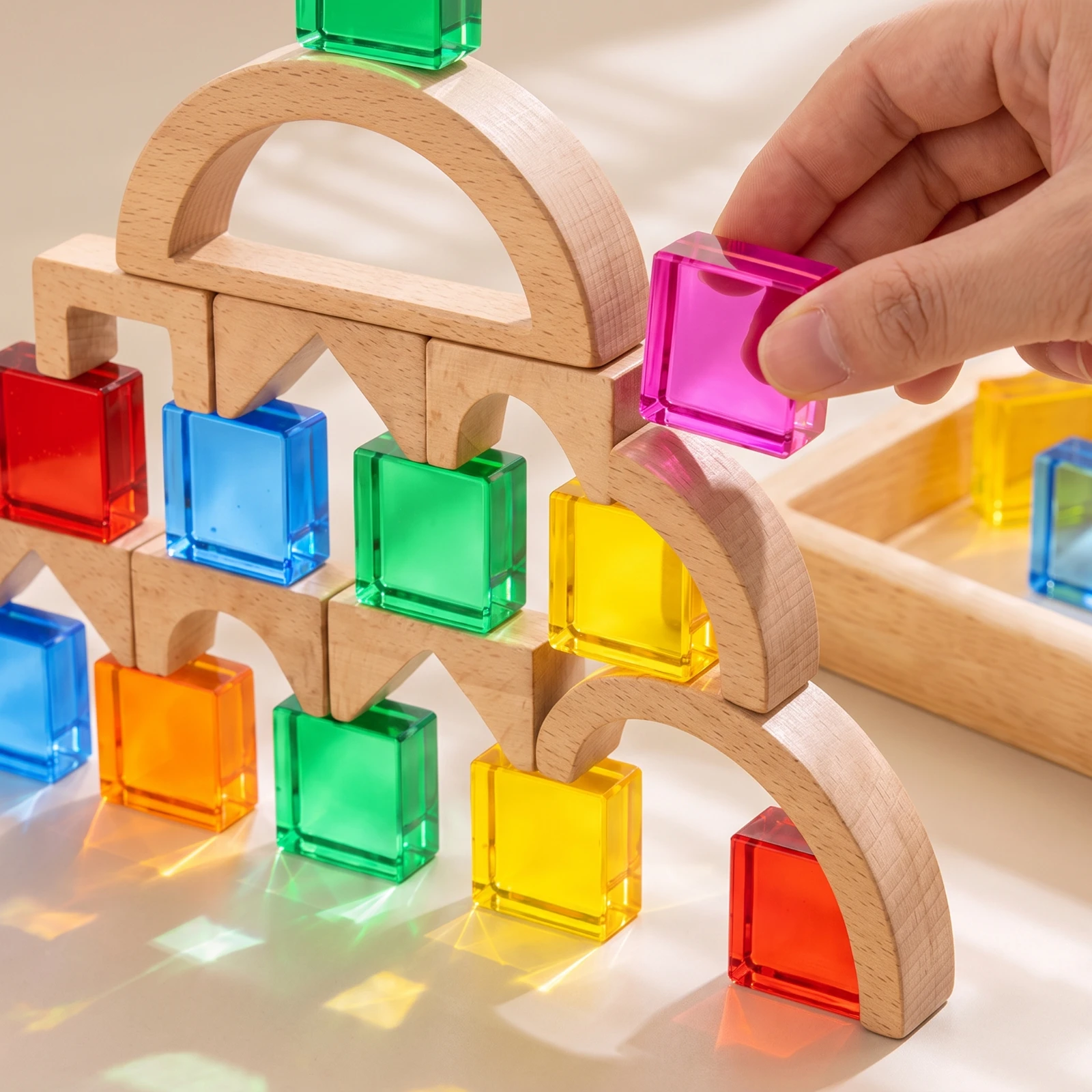 Wooden Blocks with Acrylic Educational Sensory Blocks Toy Set Colorful Stacking for Toddlers, Playroom, Classroom
