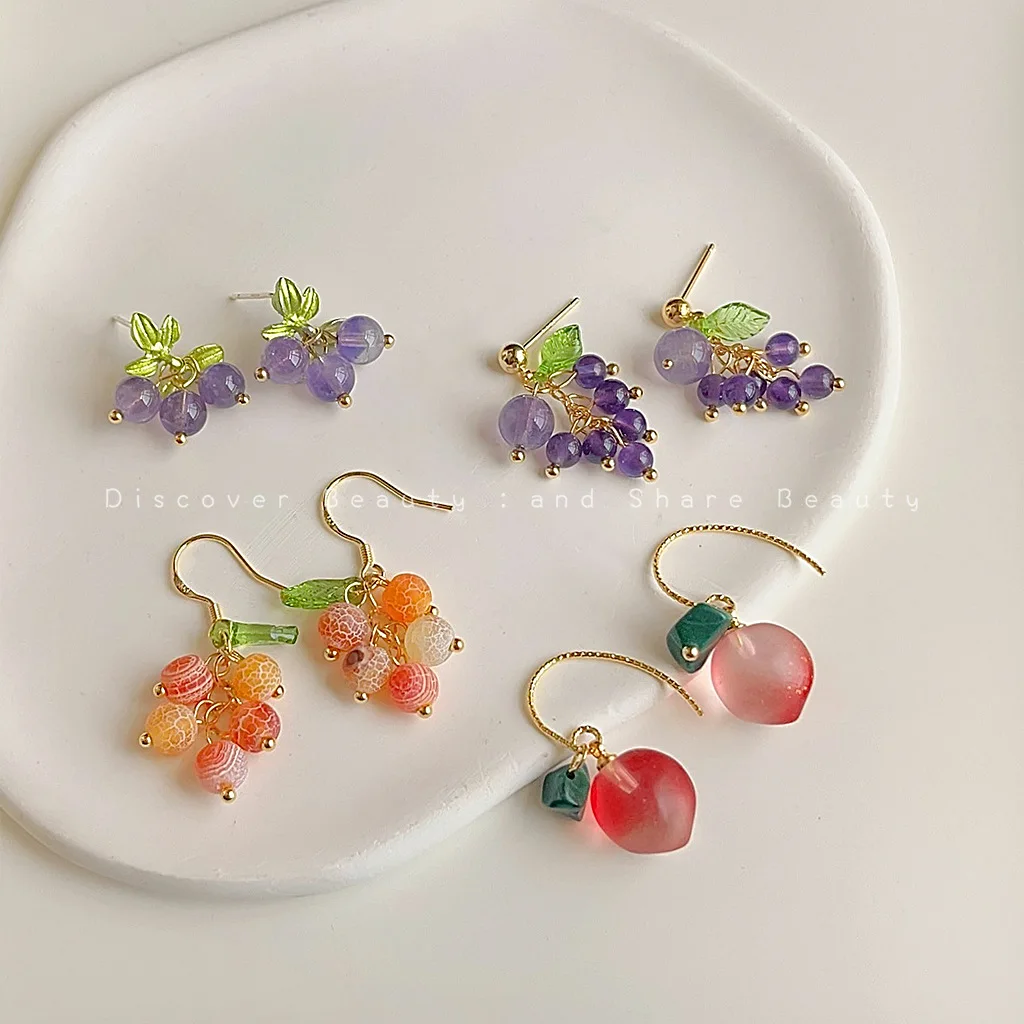 

DIY accessories Idyllic Mori grape earrings female Korean small fresh and sweet stud earrings personalized creative design fruit