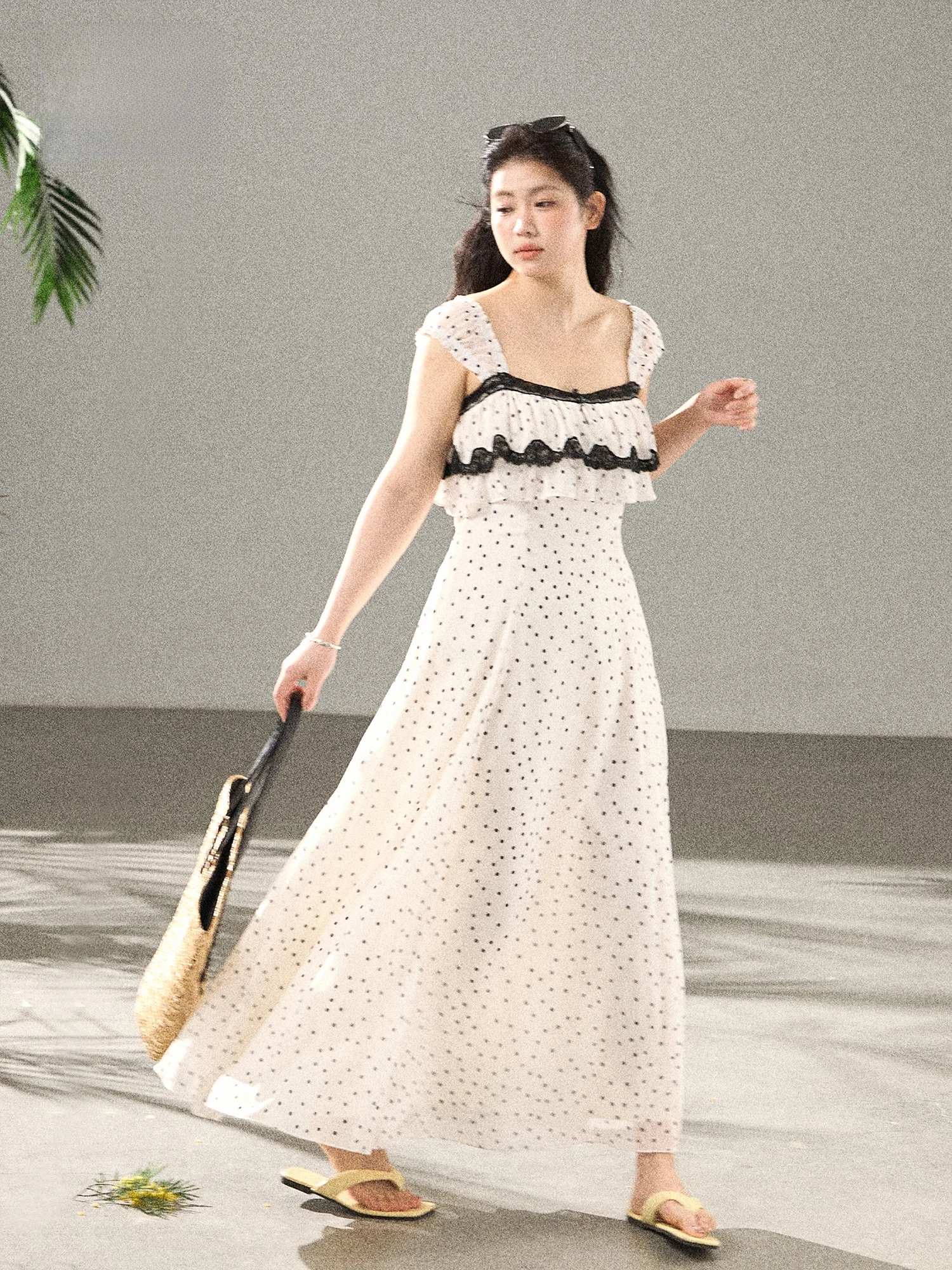 

plus Size Summer Slimming Country Style Square Neck Polka Dot Long Dress for Plump Sister Commute Style High Waist Long Dress