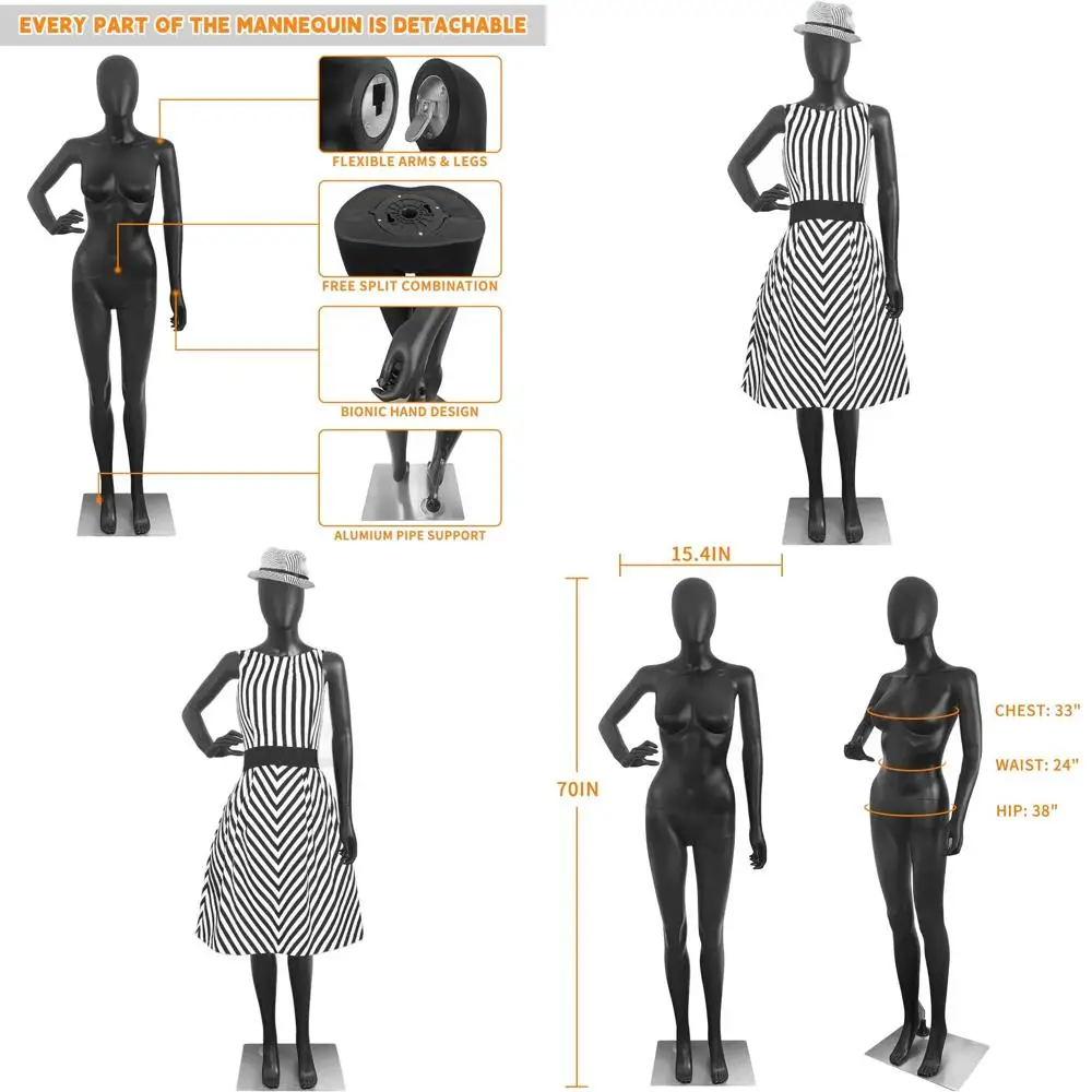 

70-Inch Adjustable Female Mannequin with Detachable Head, Plastic Body, Metal Base, Black