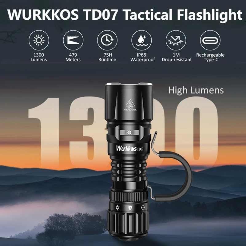 Lanterna Tática Wurkkos TD07 1300 Lumens, Alcance de Feixe de 479m, Bateria 18350, Interruptor Duplo, Anel de Apoio, Uso Policial/Diário