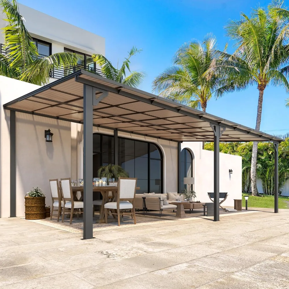 

20 'x 12' terrace pavilion, large wall mounted hard top sloping pavilion canopy, used for terrace sunshade on deck and backyard