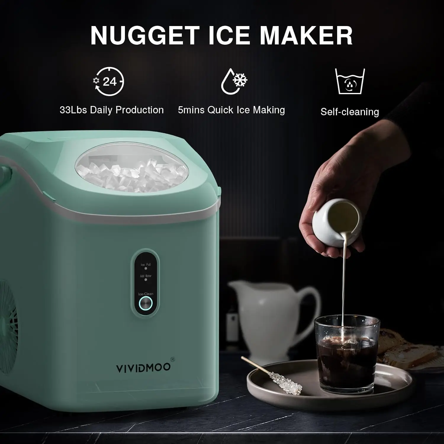 Nuggetソニック製氷機、セルフクリーニング、歯に優しいコーティングされたアイスメーカー、ソフトペブル製氷機、33ポンド/日