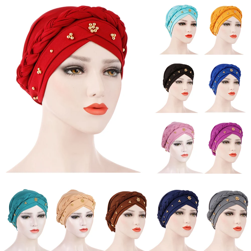 Muslim Indian Beads Hijab Stretch Women Turban Chemo Caps Cancer Bonnet Female Hair Loss Hat Headscarf Wraps Beanies Hijabs Cap