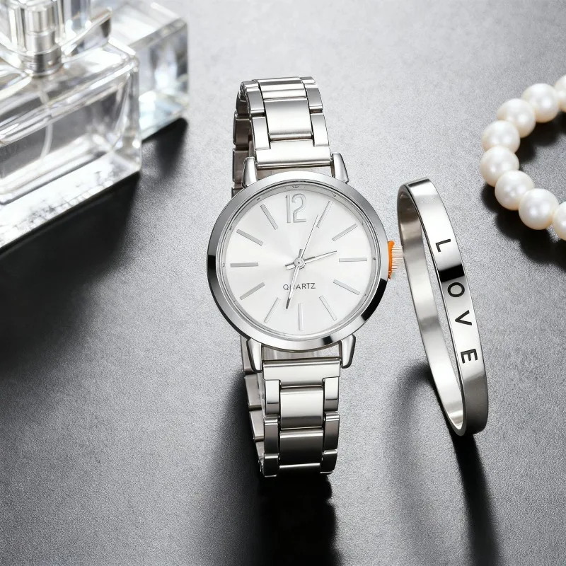 2 قطعة مجموعة الساعات الفاخرة النساء الطلب البسيط الصلب حزام موضة سوار ذهب كوارتز ساعة اليد السيدات الساعات Relogio Feminino