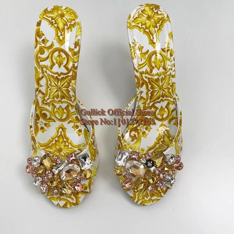 Bohemia Printed Leather High Heel Mules Shoes Crystal Jewelry Open Toe Cover Heels Sandals Drop Shipping