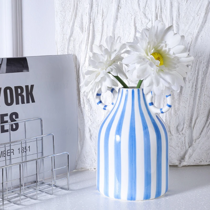 Nordic Ins striped double ear ceramic vase, hydroponic flower arrangement vase, Nordic style home decoration, wedding decoration