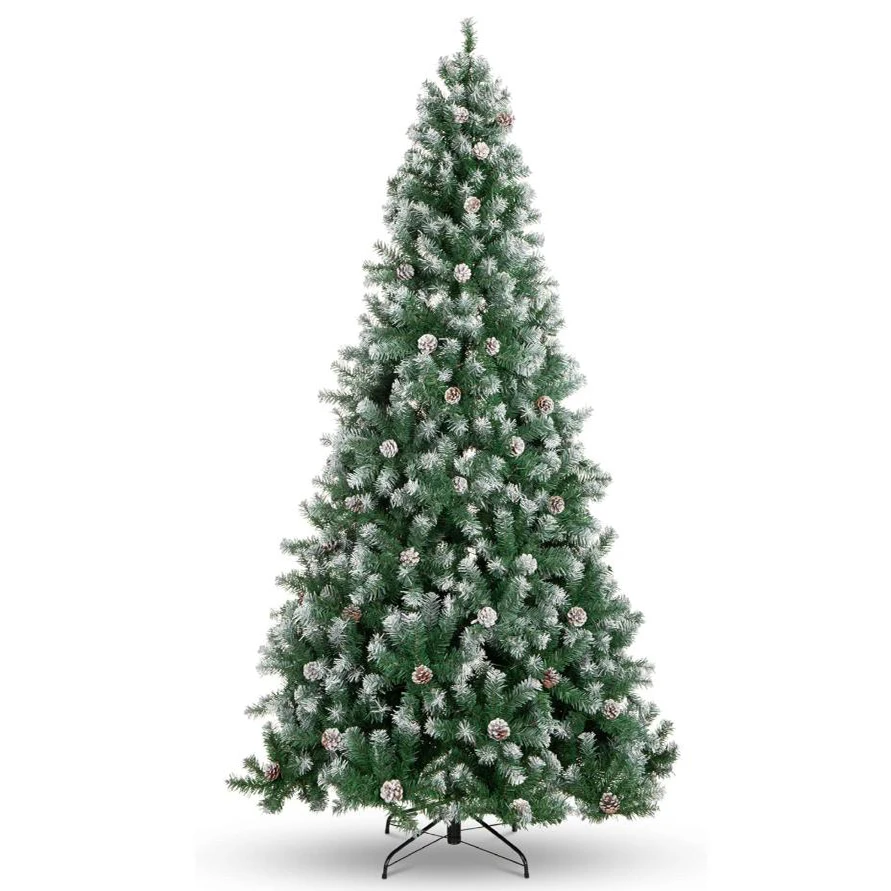 

9ft Pre-Lit Christmas Tree Decorated with Pine Cones, 450 Tips Full Artificial Holiday Tree with Metal Stand for Home, Offic
