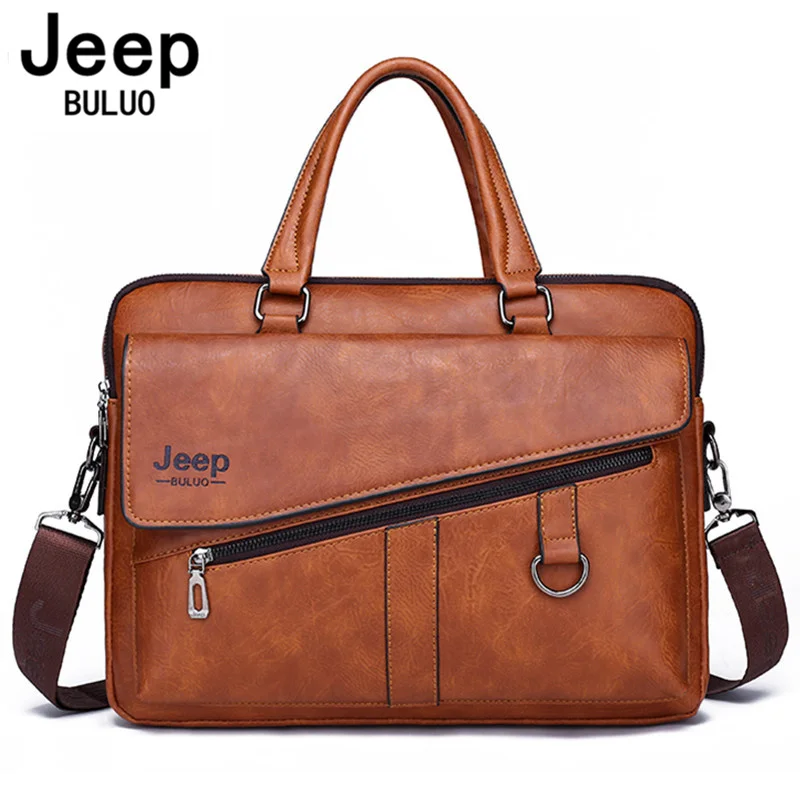 JEEP BULUO Men Briefcase Split Leather Laptop New Bag 14