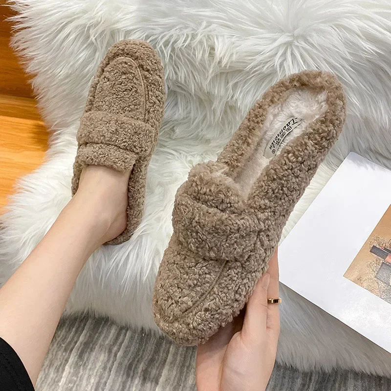 Women Fluffy Slippers Winter Warm Plush Mules One Fur Slippers Cozy Cotton Shoes Cashmere Femme Curly Sheep Flats Half Shoes