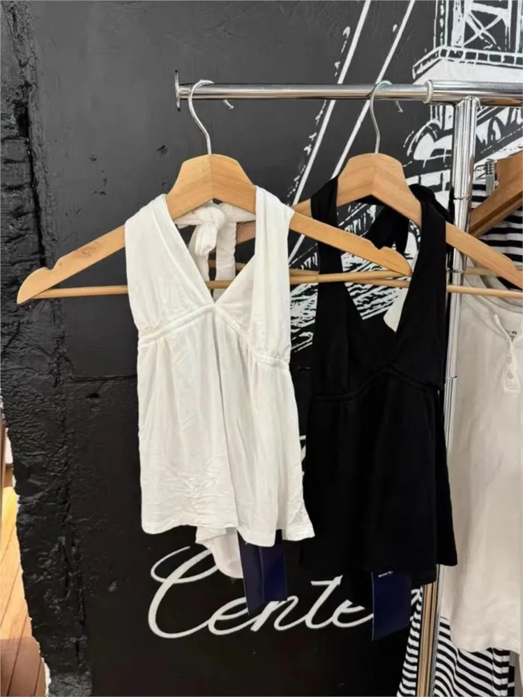 Black Sexy Lace-up Halter Slim Crop Top Woman Summer Cotton Deep V-neck Backless Sleeveless Vests Casual Simple Y2K Camisole New
