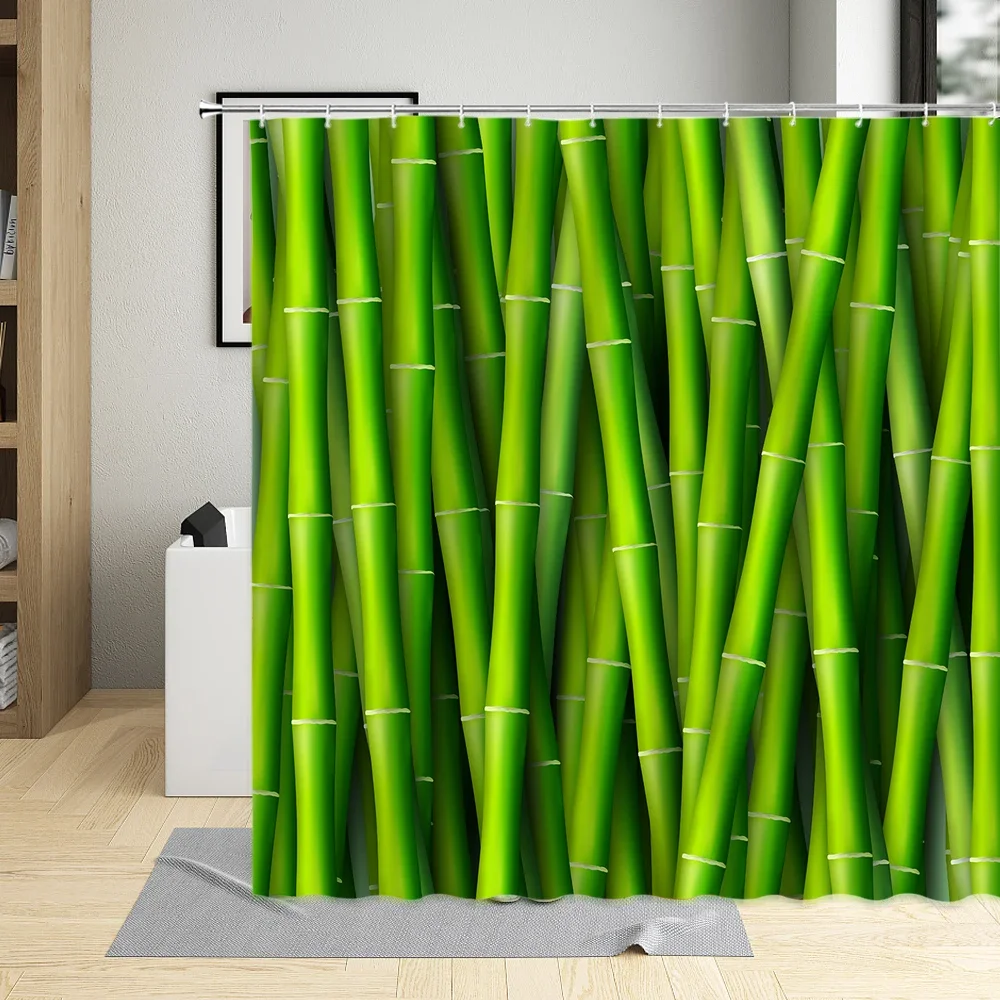 Bamboo Shower Curtain Bathroom Home Decor Green Plants Landscape Bath Curtains With Hooks Polyester Waterproof Fabric Washable