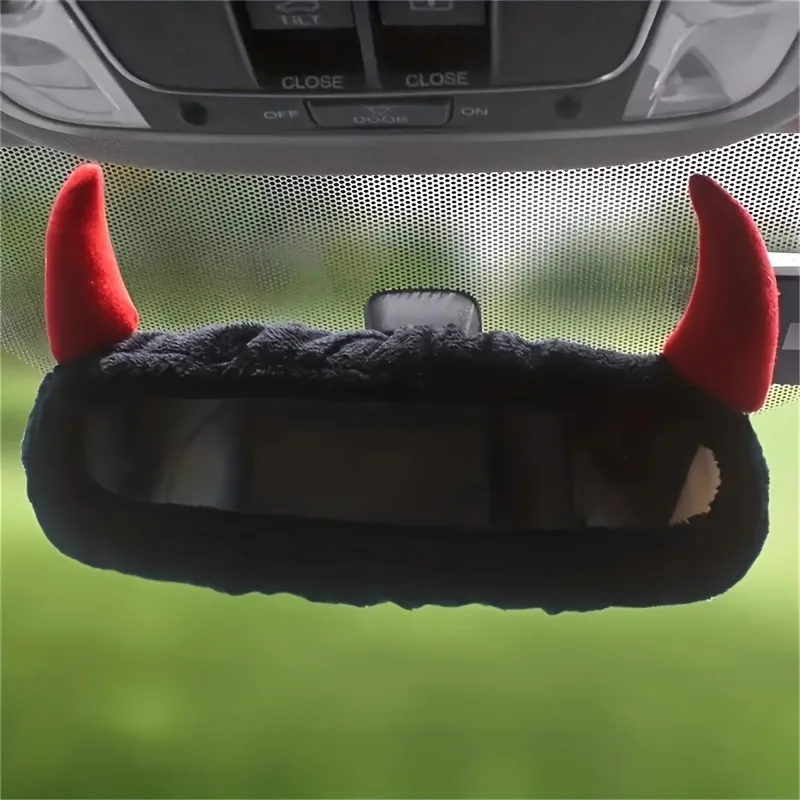 1pc Cute Devil Horn Car Rearview Mirror Cover - Creative Fabric Decoration for Vehicle Interior, for Halloween