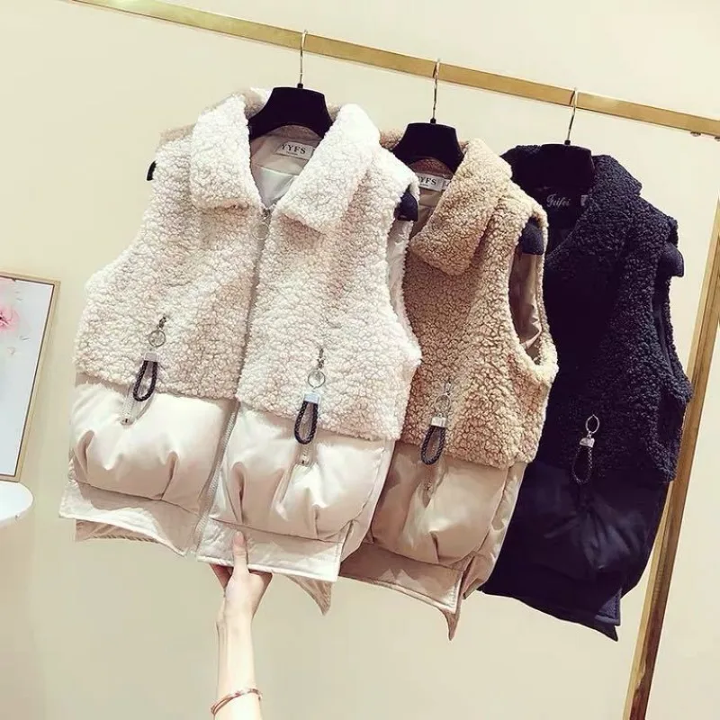 New Winter Lapel Vest for Women Short Loose Spliced   down Cotton Jacket Horse Clip Vest Jacket