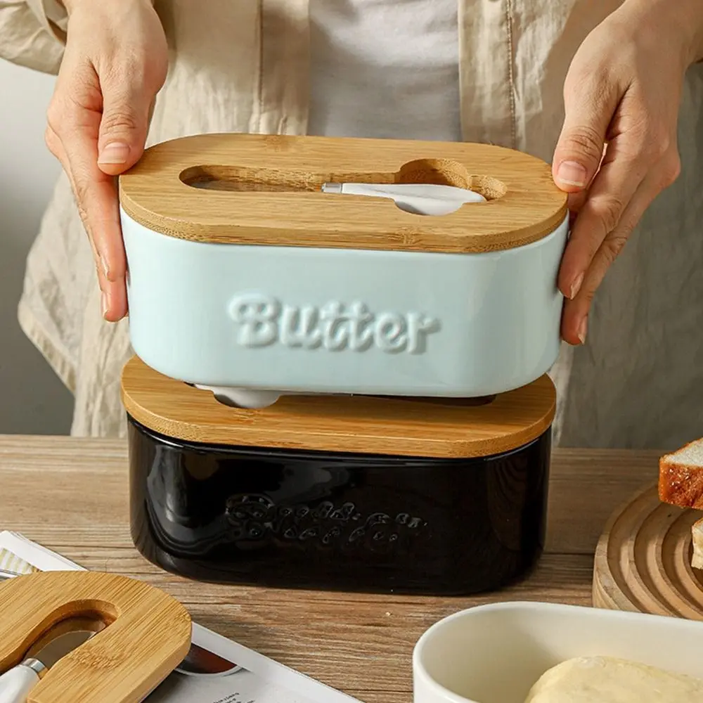 

Large Capacity Ceramic Butter Dish Fresh-keeping with Bamboo Lid Porcelain Butter Holder Airtight Butter Storage Box Restaurant