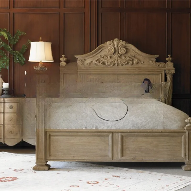 

Retro solid wood oak bed double bedroom carved , solid wood bed