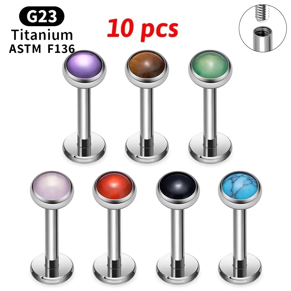 10Pcs G23 Titanium Circular Ear Lip Studs with Natural Stone Top Labret Tongue Nose Stud Earrings Body Piercing Jewelry