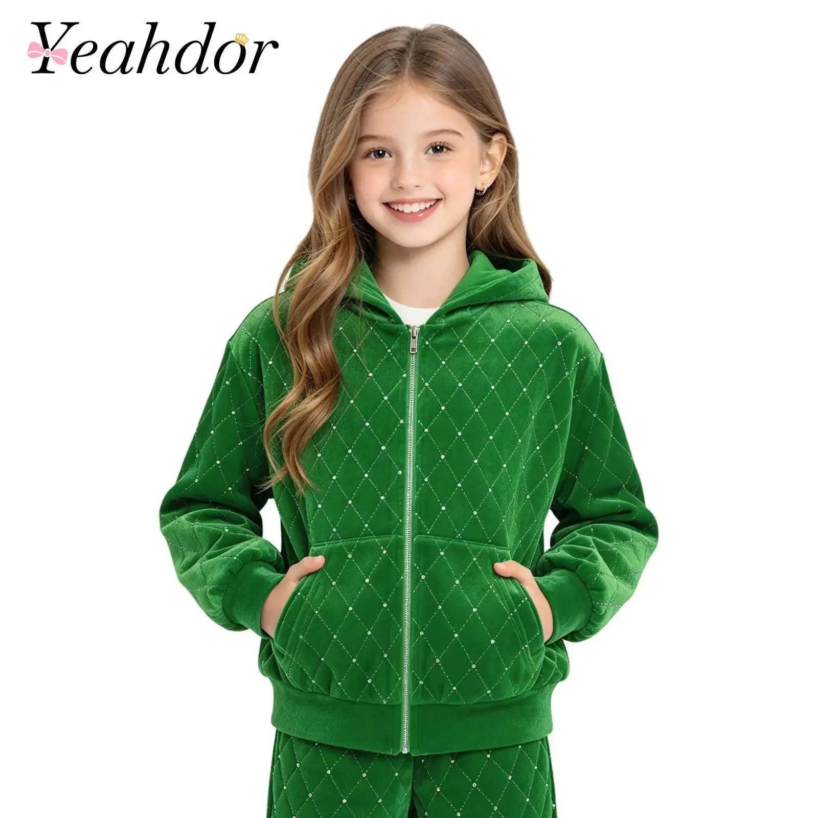Kids Girls Rhombus Velvet Hooded Jacket Children Long Sleeve Zipper Front Hoodie Outerwear for Christmas Birthday Holiday Outfit