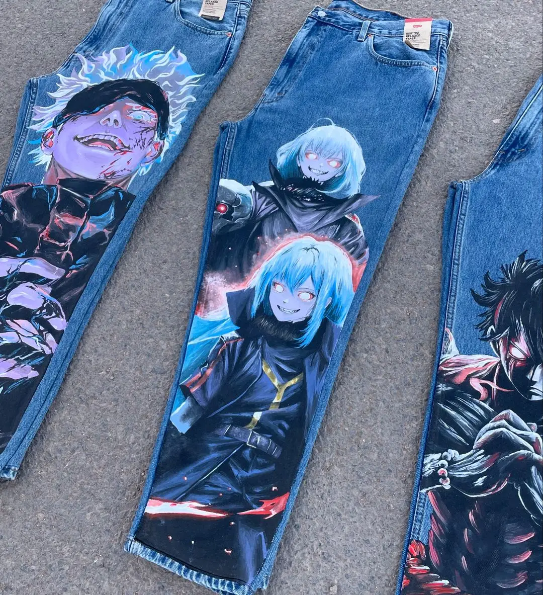 Harajuku Y2k Style Blue Popular Anime Graphic Wide Leg Jean Fashion Streetwear Denim Mens Jeans Couples High Waist Pants