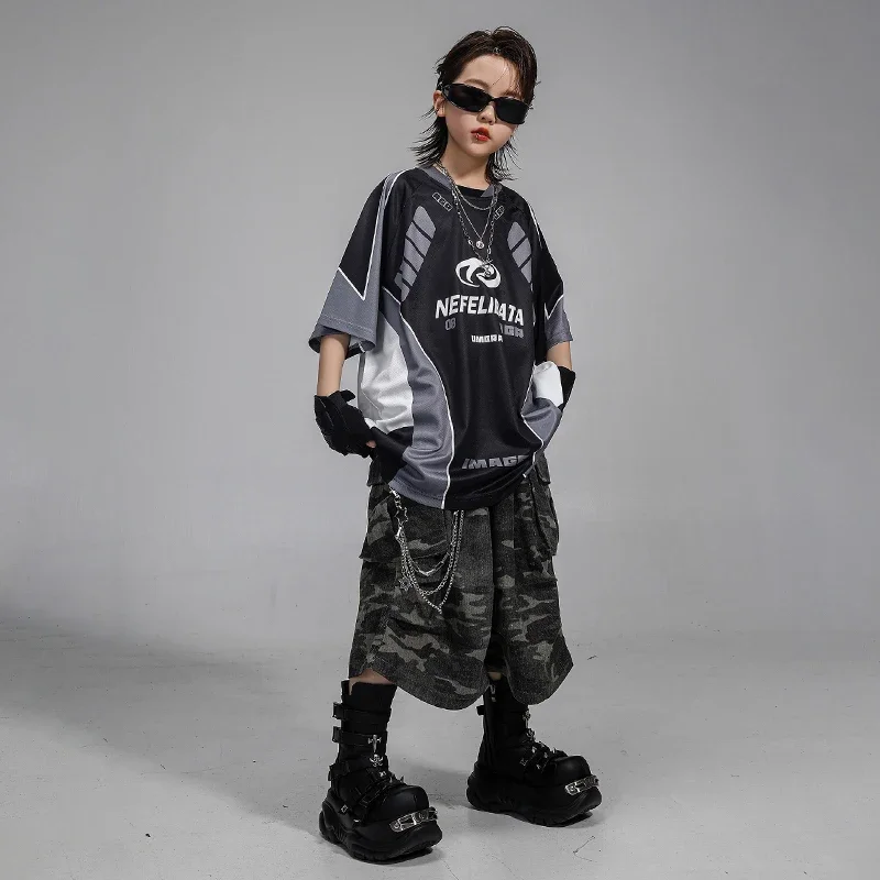 Jungen Hip Hop Lose T-shirt Cargo Camo Shorts Mädchen Straße Tanzen Bluse Kinder K-pop Kostüme Kleidung Kinder Jazz Streetwear